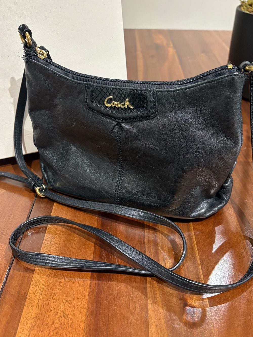 Coach Black Leather Crossbody with Gold Logo Accent